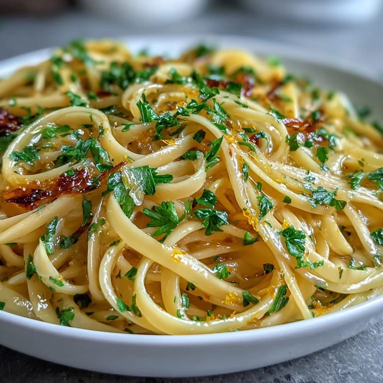 Easy lemon butter pasta served hot with fragrant garlic, lemon zest, and fresh parsley for a quick dinner.