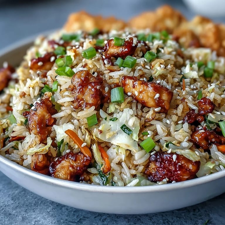 Steaming skillet of Crispy Chicken Fried Rice with Egg Roll Flavors studded with fresh green onions and sesame seeds.