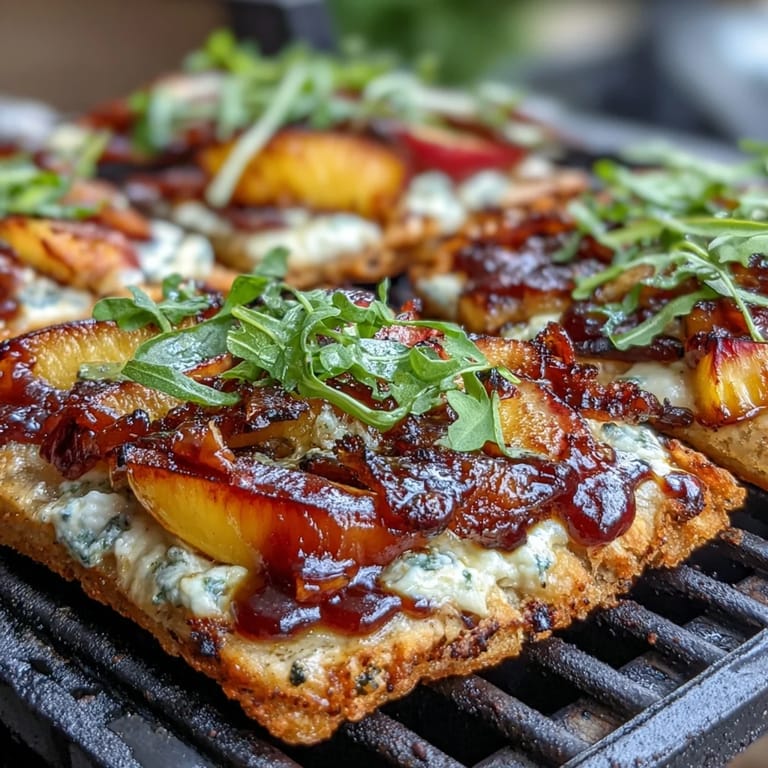 Juicy grilled peaches and creamy Brie melt over crispy flatbread with a drizzle of tangy BBQ sauce.