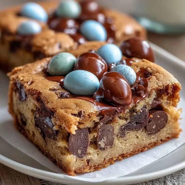 Festive peanut butter cookie bars loaded with Easter egg candies and chocolate chips, offering a rich, indulgent treat for holiday celebrations.
