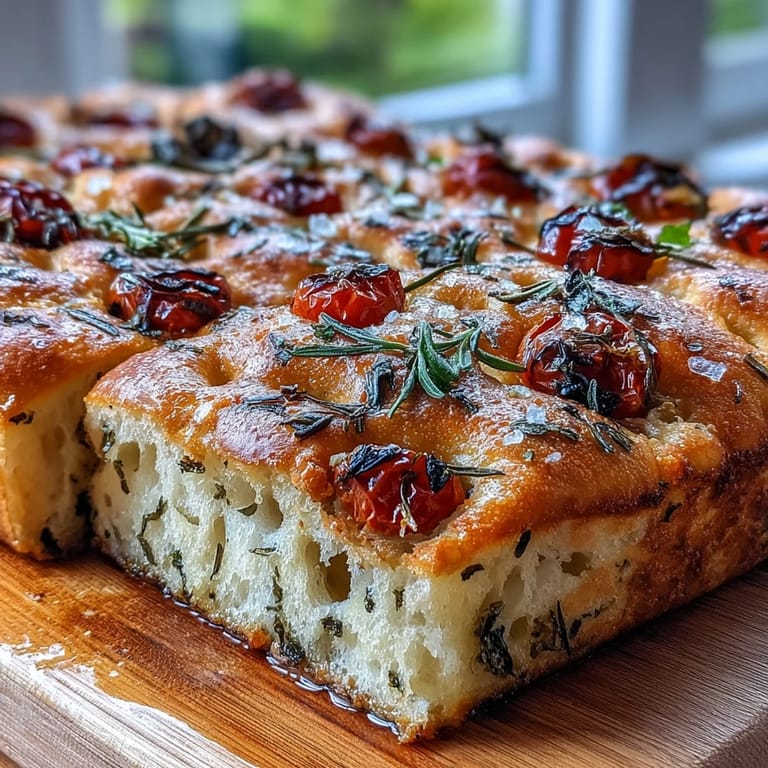 Aromatic spring focaccia bursting with fresh herbs, cherry tomatoes, and golden crust, perfect for sharing at gatherings.