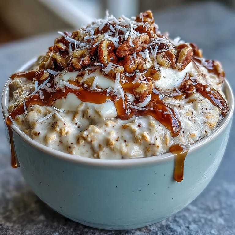 A close-up of carrot cake overnight oats with shredded carrots, cinnamon, and raisins in a glass jar.