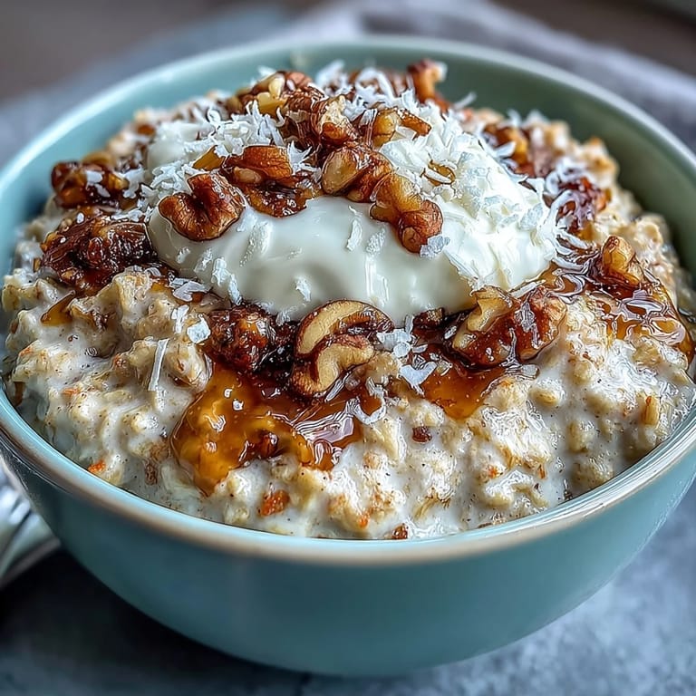 Two servings of carrot cake overnight oats garnished with shredded coconut and Greek yogurt for a dessert-like breakfast.