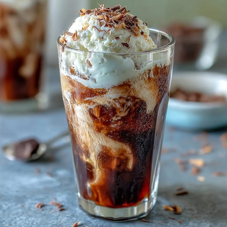 Two tall glasses filled with coconut cold brew coffee and melting vanilla bean ice cream, topped with dark chocolate shavings.