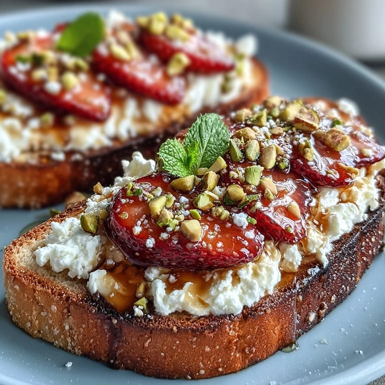 Luxurious ricotta spread on toasted bread, layered with juicy strawberries, sweet honey, and nutty pistachios, finished with a hint of lemon zest.