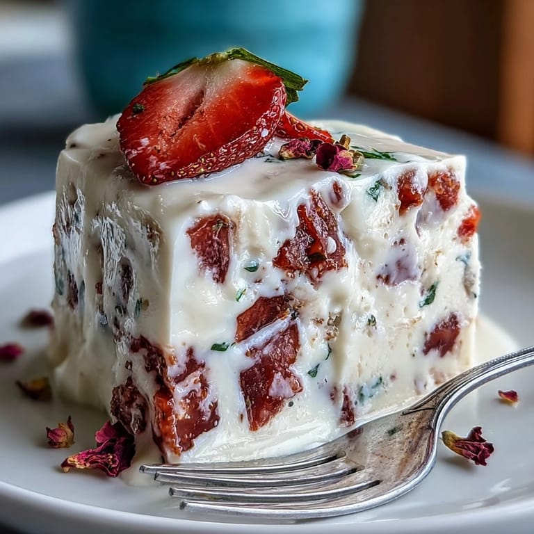 Elegant gelatin mosaic cake with pink and red cubes suspended in a silky cream, offering a refreshing and floral strawberry-rose flavor.