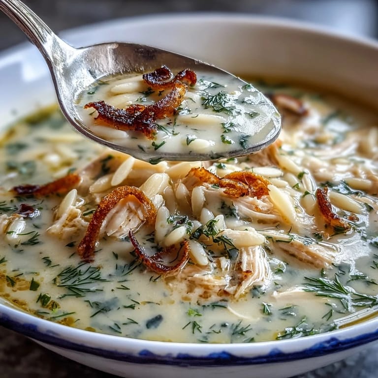 Creamy Greek-style soup with orzo, shredded chicken, and fresh lemon, garnished with dill for a vibrant finish.  
