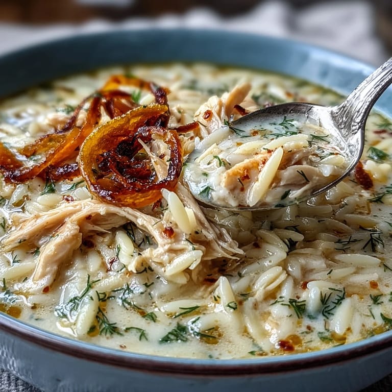 Hearty Greek lemon chicken soup with aromatic vegetables and orzo, served hot and garnished with fresh herbs.