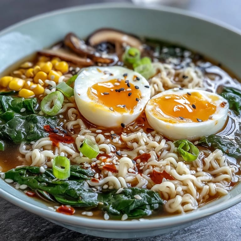 Velvety miso ramen with springy noodles, fresh spinach, corn, and green onions, topped with a perfectly cooked egg.