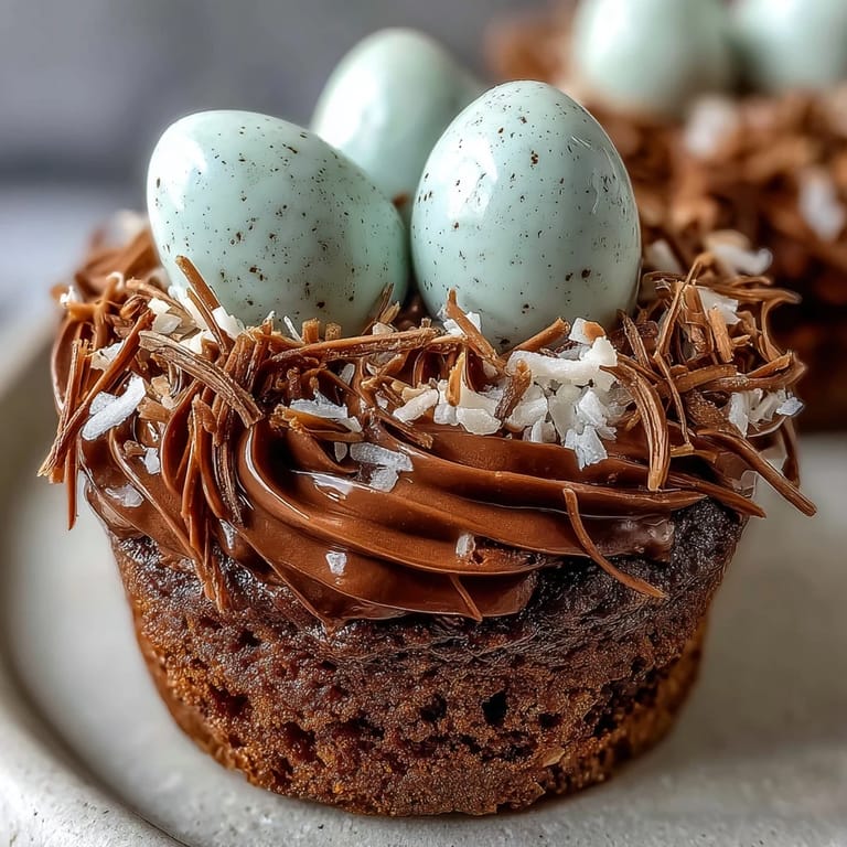 Moist chocolate cupcakes topped with chocolate buttercream, decorated as festive bird nests with candy Easter eggs.