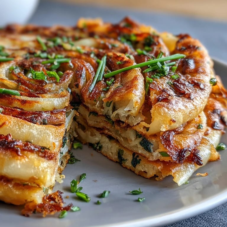 Golden-brown spring onion pancakes, layered and fried for a crunchy exterior and soft interior.