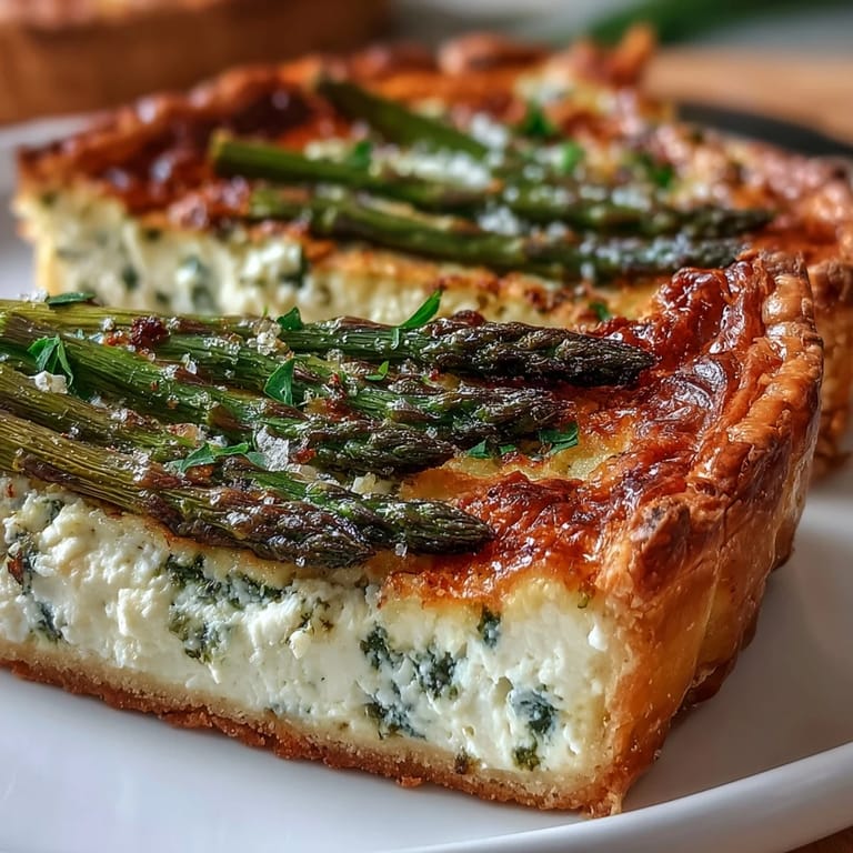 Light vegetarian tart with creamy ricotta, bright lemon flavor, and perfectly roasted asparagus on buttery puff pastry.