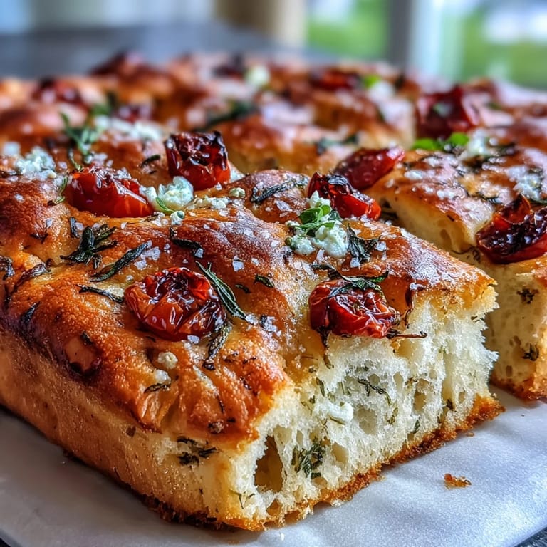 Fluffy Italian focaccia topped with vibrant herbs and juicy tomatoes, drizzled with olive oil and cracked black pepper.  