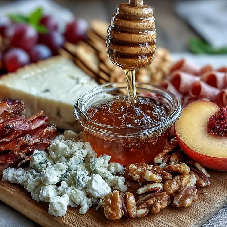 Enjoy this easy summer charcuterie board, perfectly arranged with fresh produce and honey.
