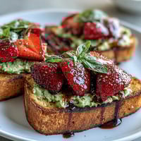 A vibrant Galentine's brunch spread featuring creamy avocado toast topped with fresh strawberries and tangy balsamic glaze.