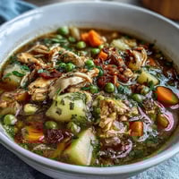 Slow Cooker Chicken Pot Pie Soup with tender chicken and creamy vegetables in a rich, comforting broth.