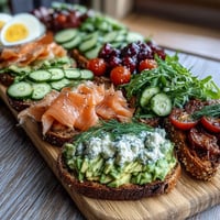 Spring Brunch Avocado Toast Board with Smoked Salmon, a colorful spread of creamy avocado, smoked salmon, and fresh toppings on rustic sourdough.
