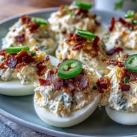 Spicy jalapeño popper deviled eggs with cream cheese, crispy bacon, and fresh jalapeño slices on a white platter.