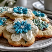 Delicate flower-shaped shortbread cookies with colorful royal icing, perfect for spring celebrations and dessert tables.