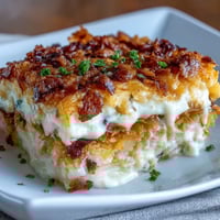 Golden, bubbling cheesy hash brown casserole with a crispy cornflake topping and melted cheddar.  