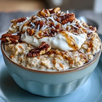 A jar of creamy carrot cake overnight oats topped with chopped walnuts and a drizzle of maple syrup.