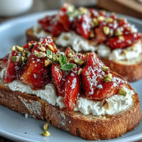 A golden slice of sourdough topped with creamy ricotta, fresh strawberries, drizzled honey, and crunchy pistachios for a vibrant breakfast treat.